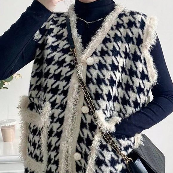 Multicolor Preppy Womens Houndstooth Pattern Raw Trim Dual Pocket Sweater Vest - Picture 2 of 4